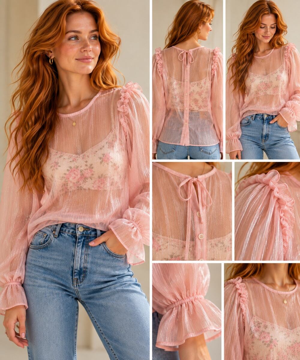 NWT Free People Sheer Pink Ruffle Sleeve Button Down | S